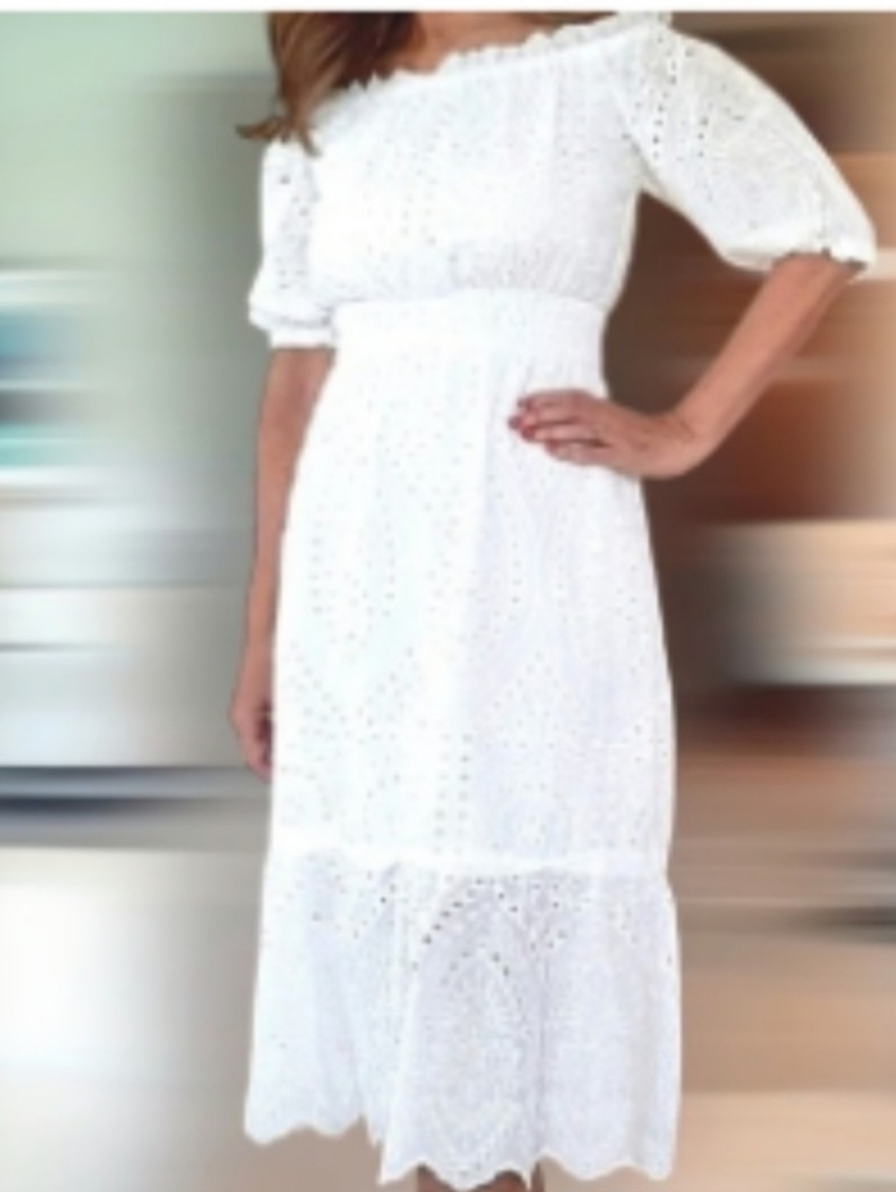 Betsey Johnson White Off the Shoulder Eyelet Lace Peasant Dress - Size M